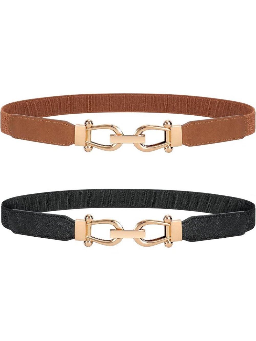 Women's Black & Brown Retro Elastic Skinny Stretch Belt 2-Pcs With Gold Buckle